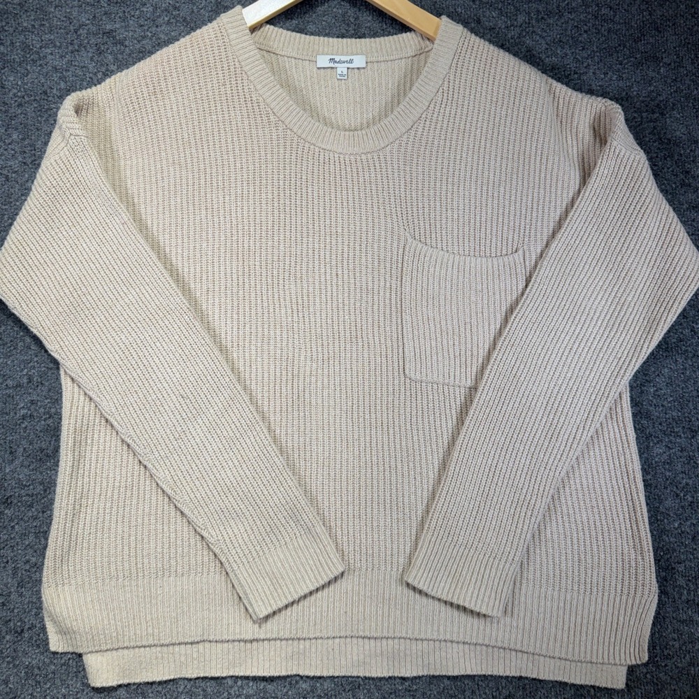 Madewell Thompson Ribbed Pocket Sweater Womens Large Beige Cotton Blend Pullover